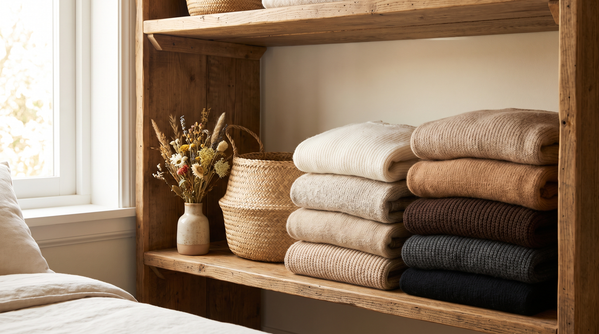 Wooden shelf with neat stacks of folded neutral knit sweaters in a sunlit bedroom