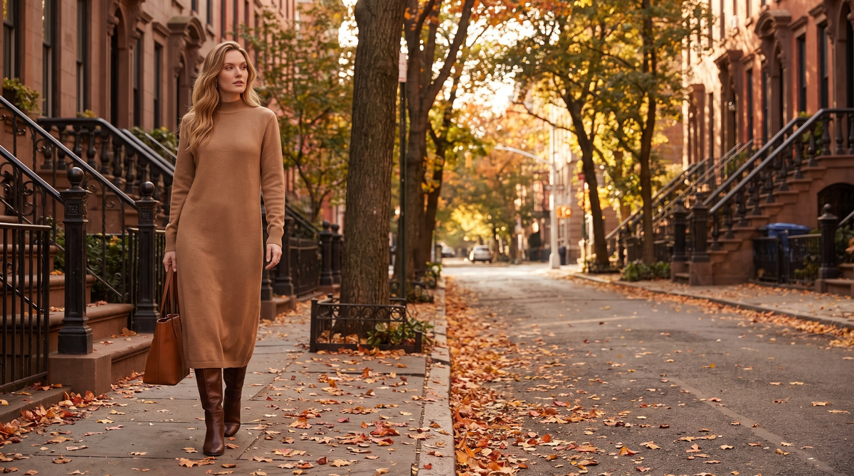 Woman in a long camel mock-neck sweater dress and brown knee boots walking down a brownstone street in autumn