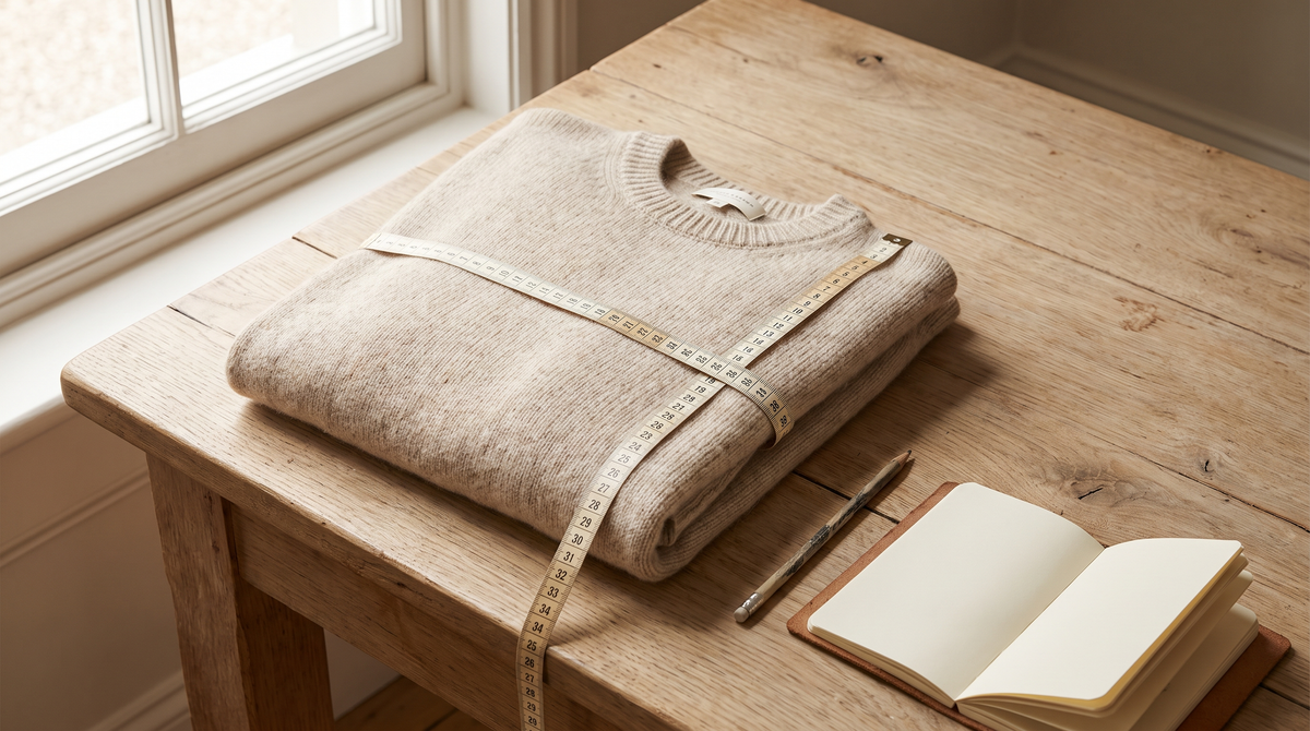 An oatmeal sweater laid flat with a measuring tape across the chest and along the length