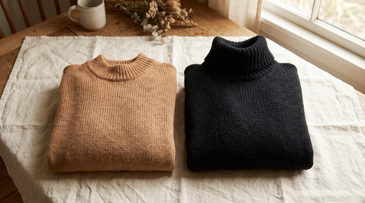 A camel mock-neck sweater next to a black turtleneck sweater, folded on linen