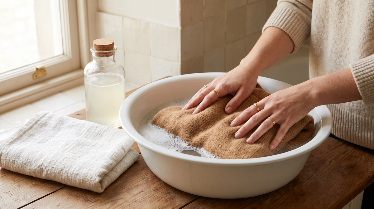 Hands gently washing a camel knit sweater in a white basin of cool water