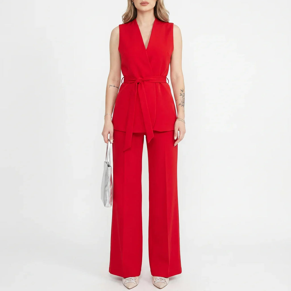 Belted Sleeveless Blazer & Wide-Leg Pants Set