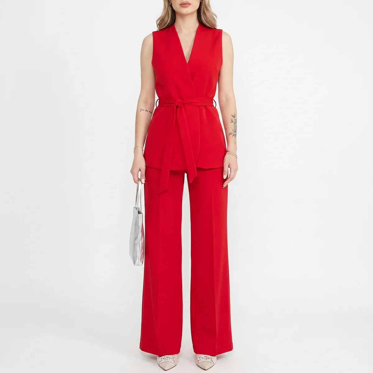 Belted Sleeveless Blazer & Wide-Leg Pants Set
