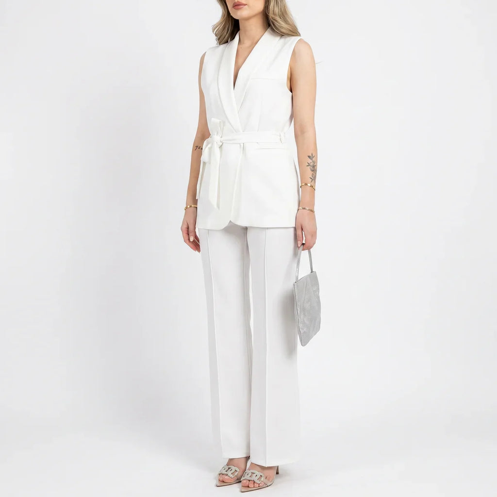 Belted Sleeveless Blazer & Wide-Leg Pants Set