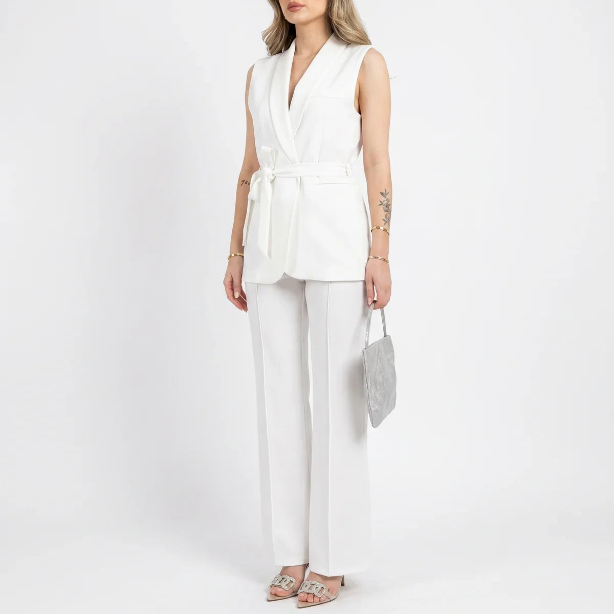 Belted Sleeveless Blazer & Wide-Leg Pants Set