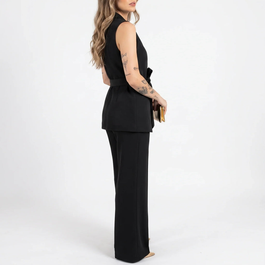 Belted Sleeveless Blazer & Wide-Leg Pants Set