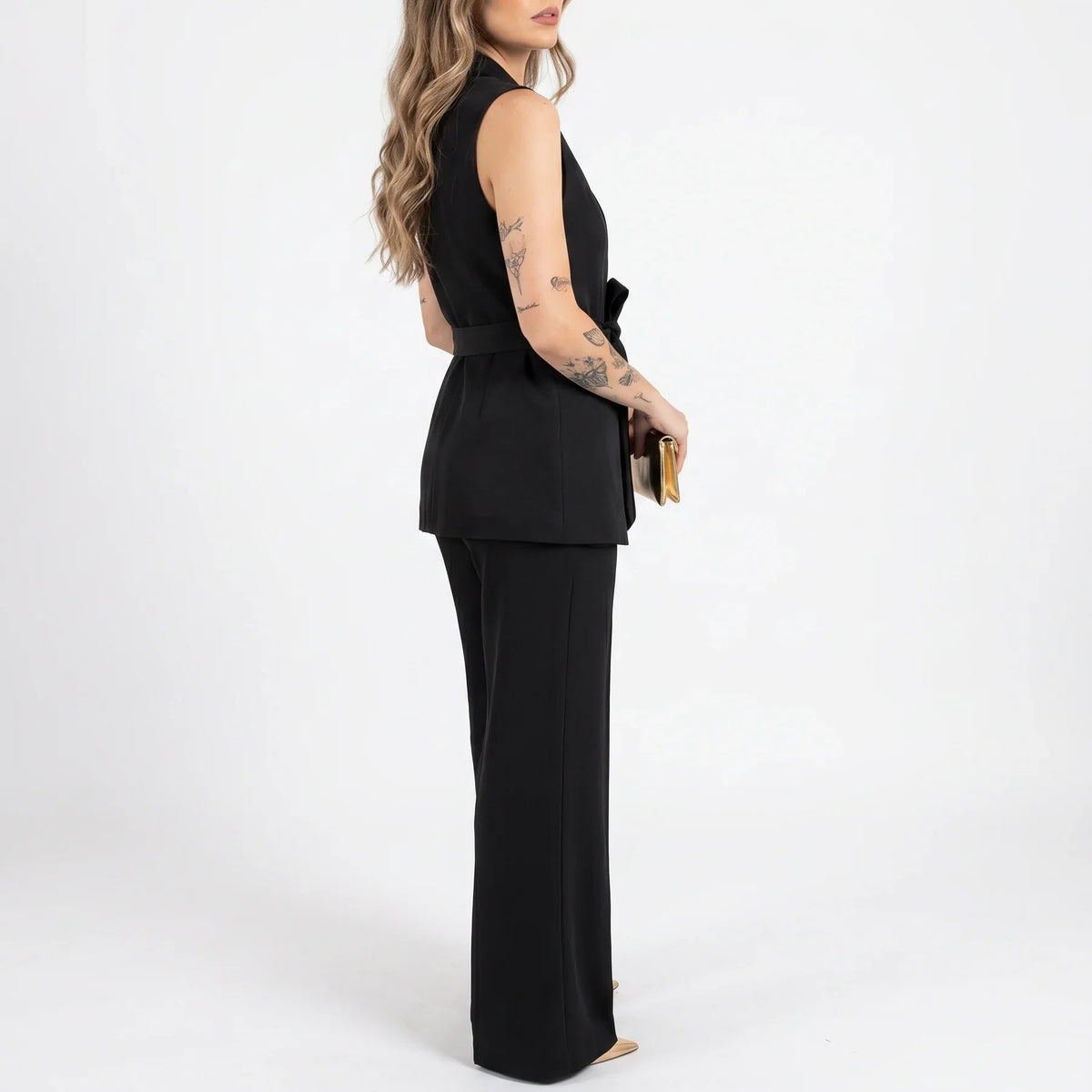 Belted Sleeveless Blazer & Wide-Leg Pants Set