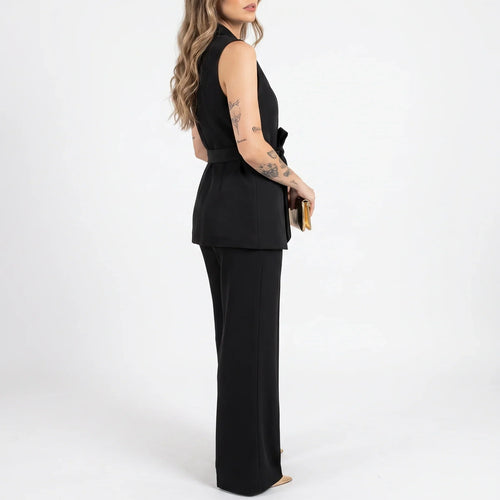 Belted Sleeveless Blazer & Wide-Leg Pants Set