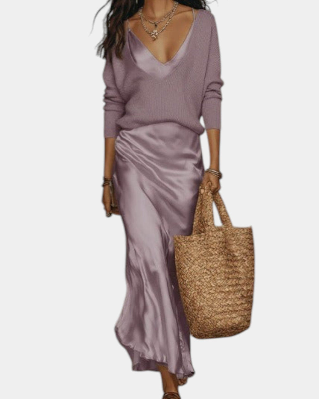 V-Neck Blouse & Satin Midi Skirt Set