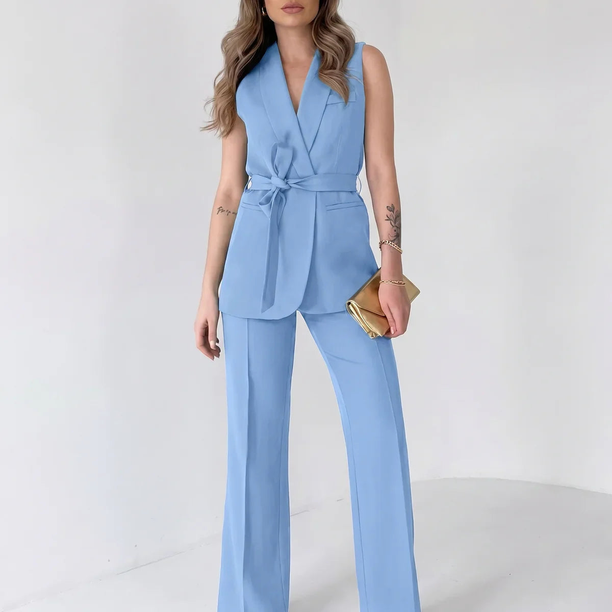Belted Sleeveless Blazer & Wide-Leg Pants Set