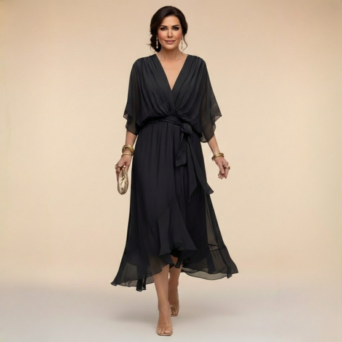 Flowy V-Neck Long Sleeve Dress