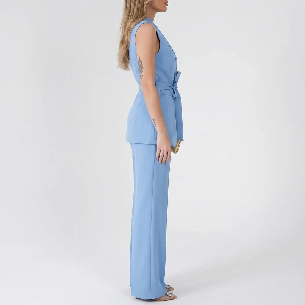 Belted Sleeveless Blazer & Wide-Leg Pants Set