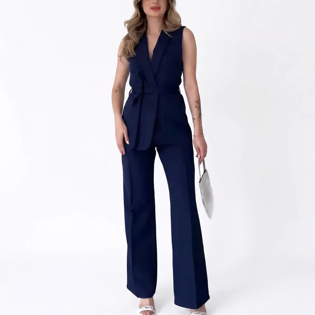 Belted Sleeveless Blazer & Wide-Leg Pants Set