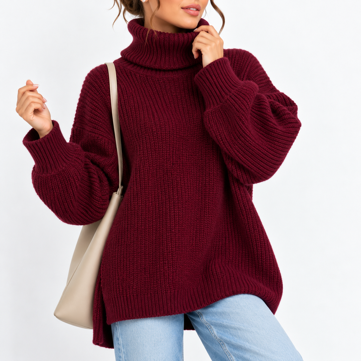 Women’s Oversized Turtleneck Sweater with Waffle Knit Texture