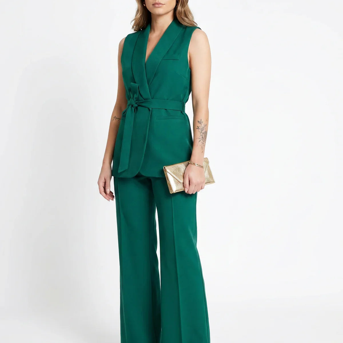 Belted Sleeveless Blazer & Wide-Leg Pants Set