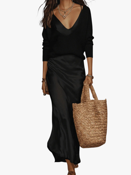 V-Neck Blouse & Satin Midi Skirt Set
