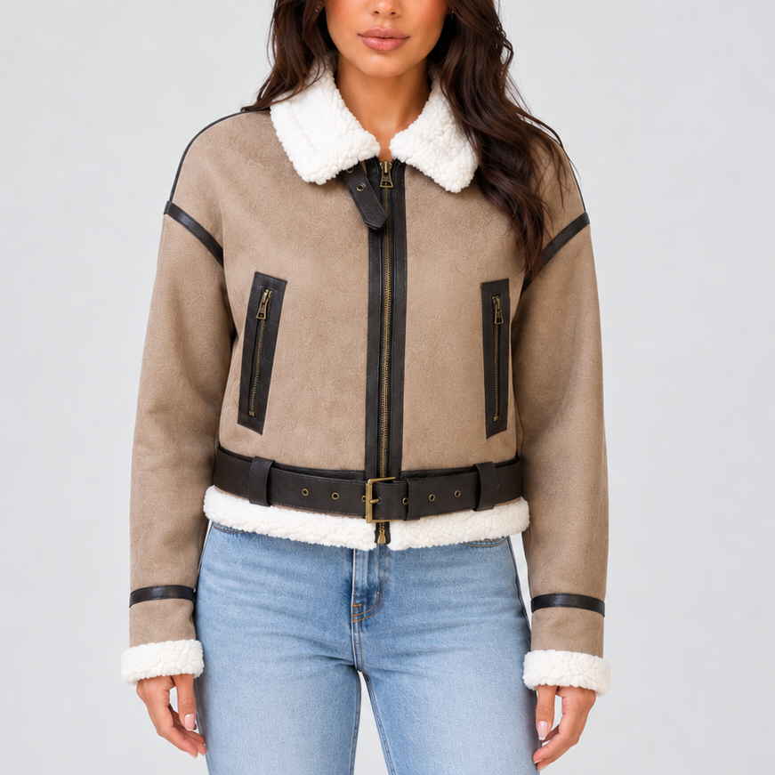 Cropped Aviator Jacket with Teddy Trim