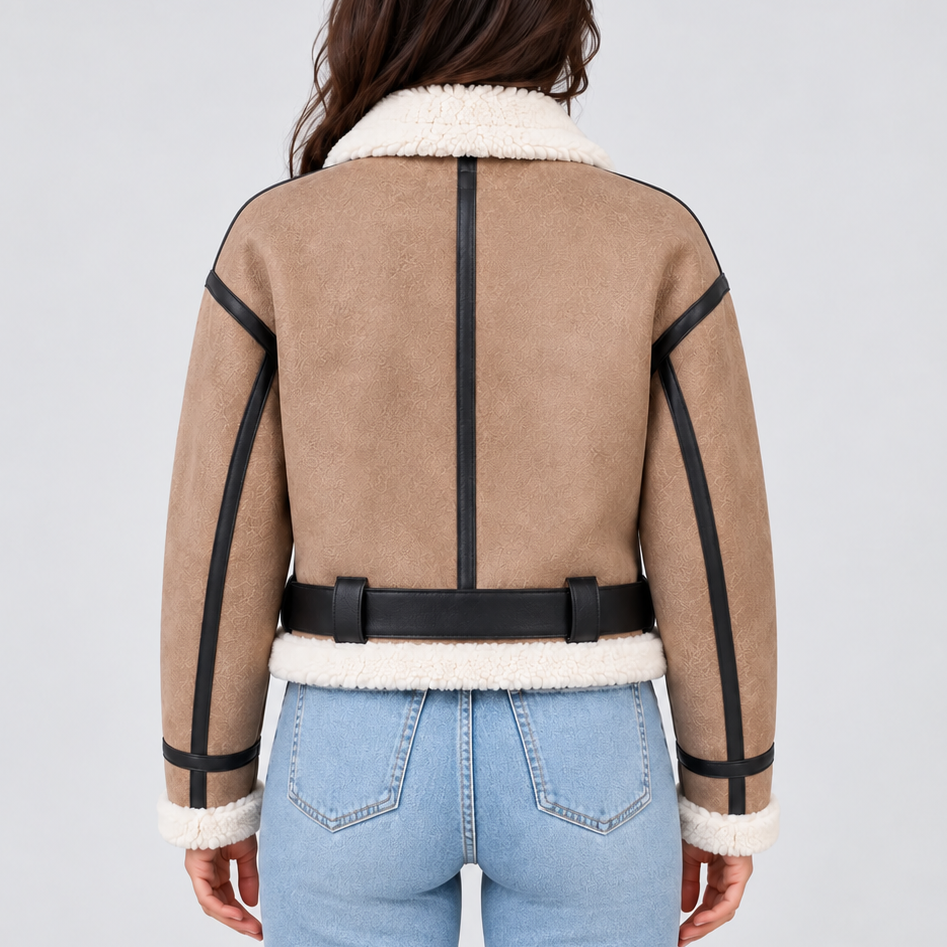 Cropped Aviator Jacket with Teddy Trim