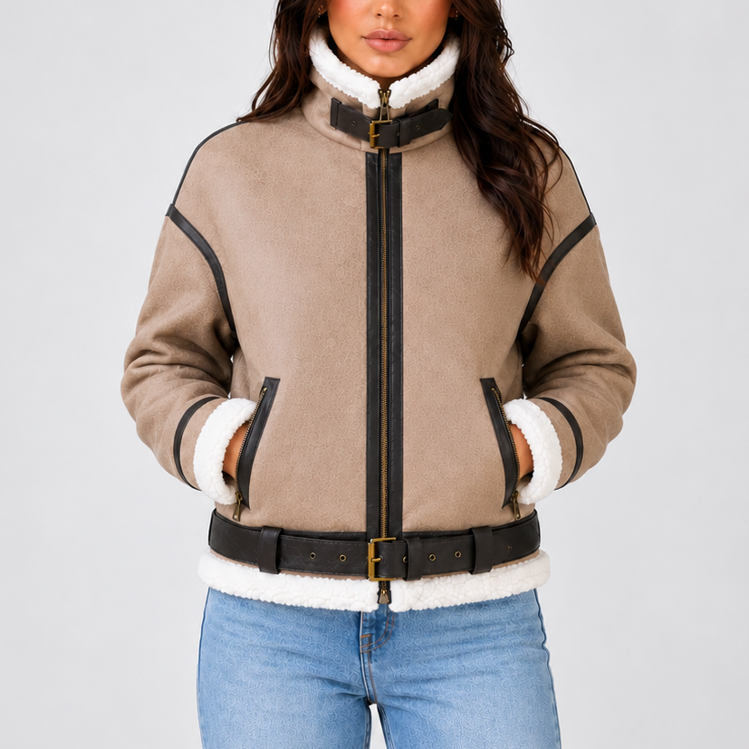 Cropped Aviator Jacket with Teddy Trim