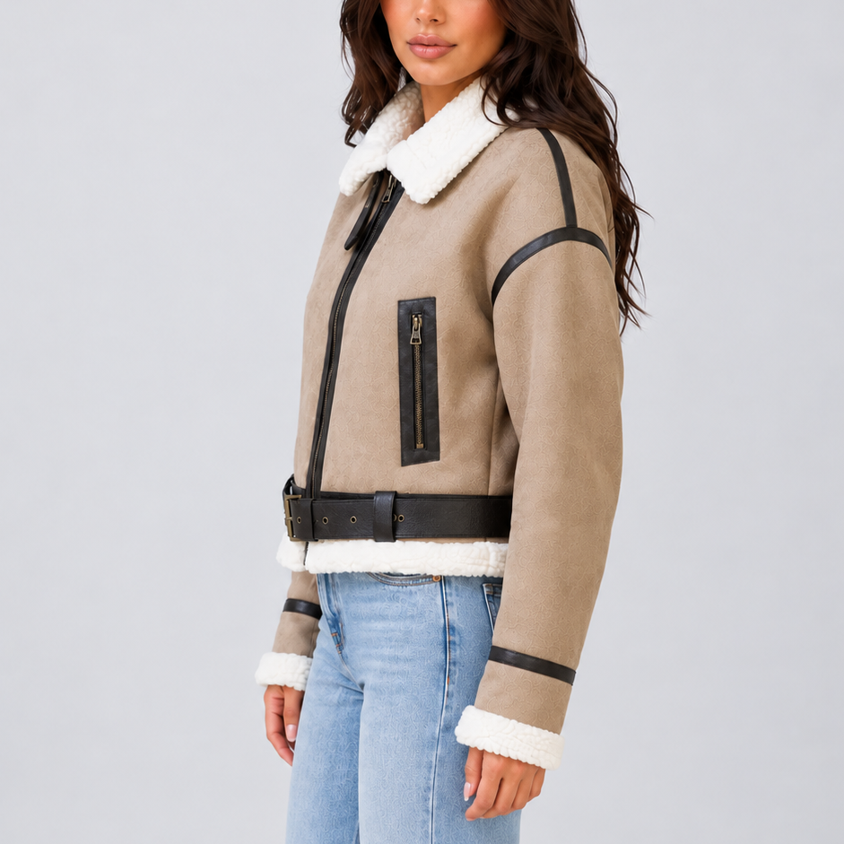 Cropped Aviator Jacket with Teddy Trim