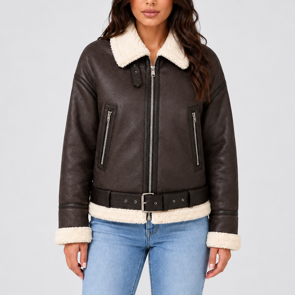 Cropped Aviator Jacket with Teddy Trim