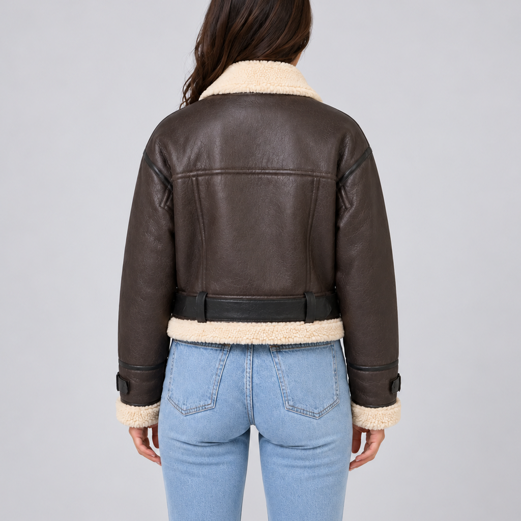 Cropped Aviator Jacket with Teddy Trim