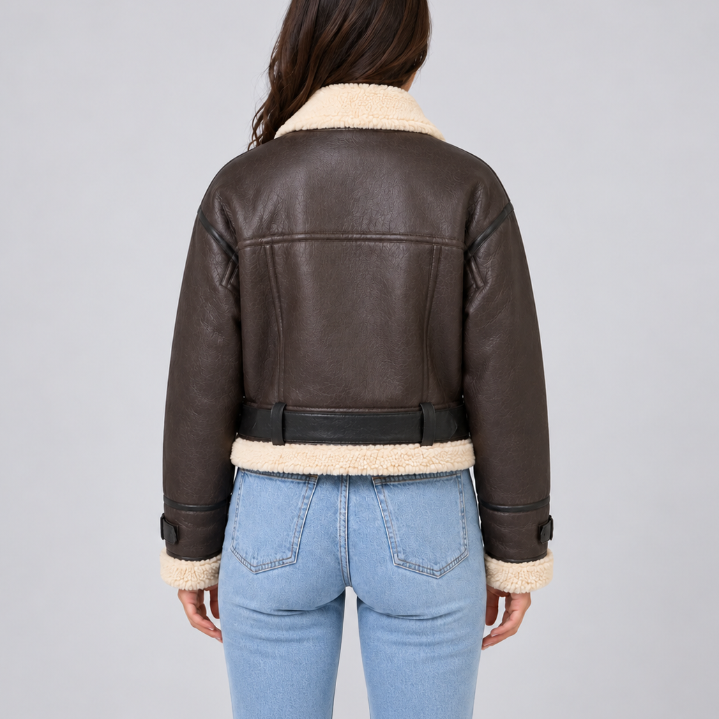 Cropped Aviator Jacket with Teddy Trim
