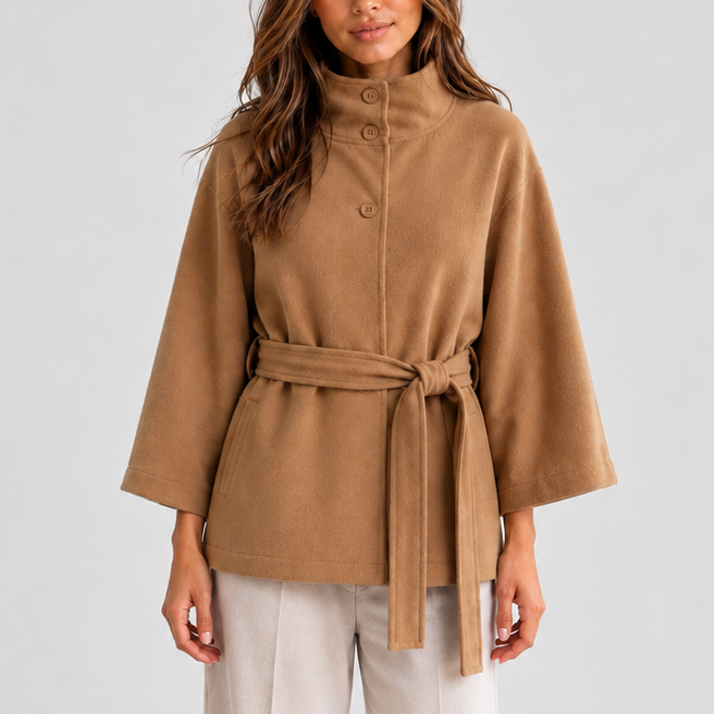 Belted Cape Jacket with Stand Collar