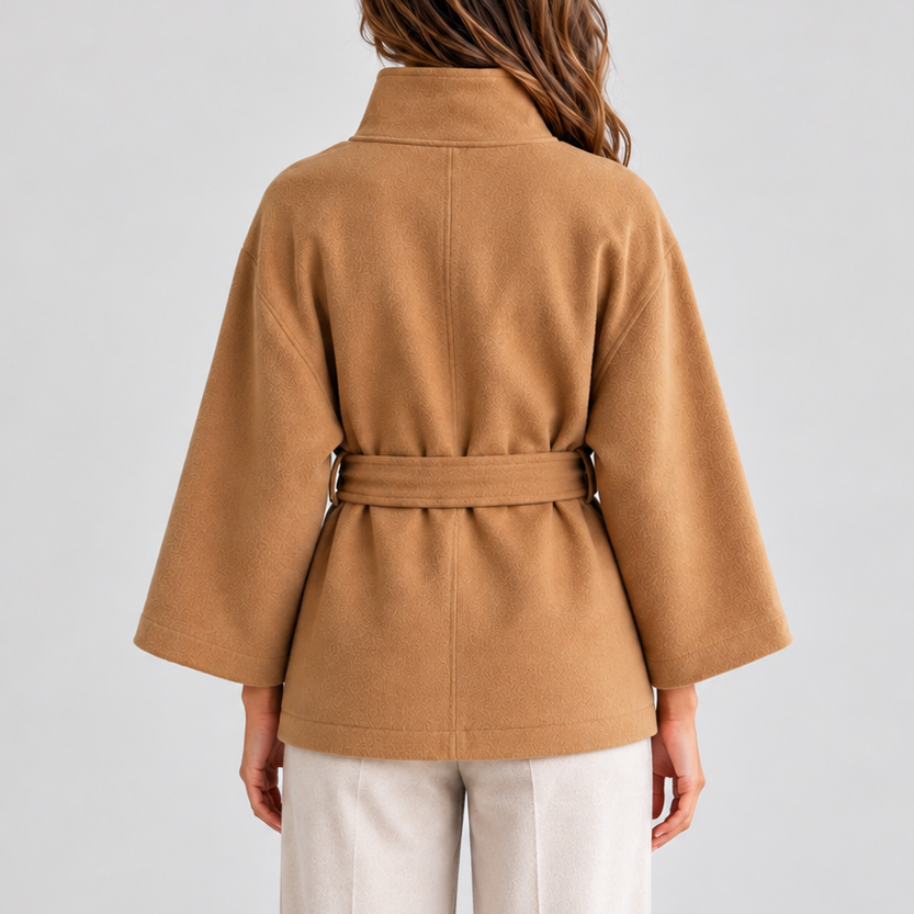 Belted Cape Jacket with Stand Collar