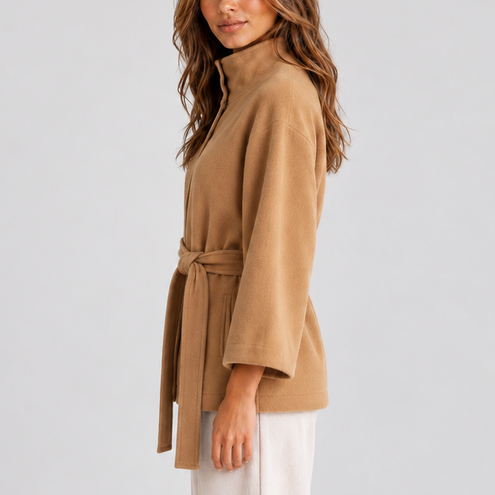 Belted Cape Jacket with Stand Collar