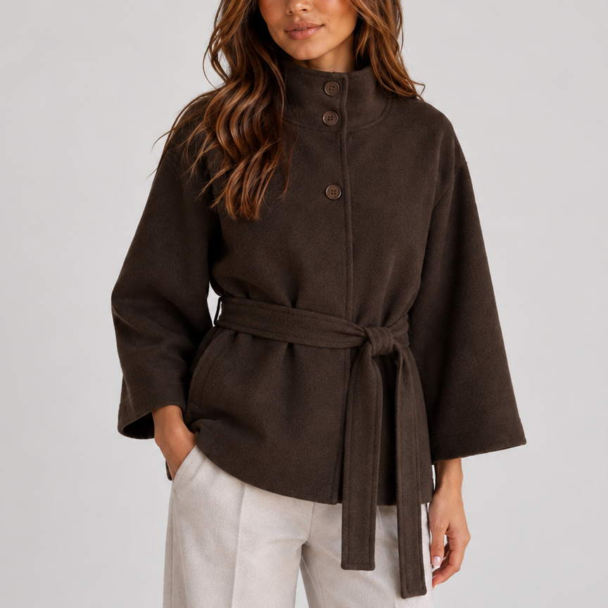 Belted Cape Jacket with Stand Collar