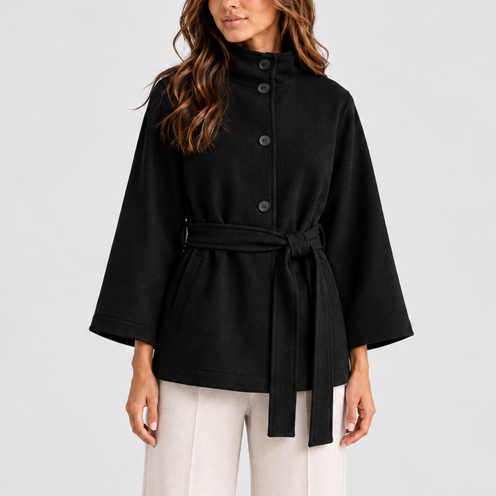 Belted Cape Jacket with Stand Collar