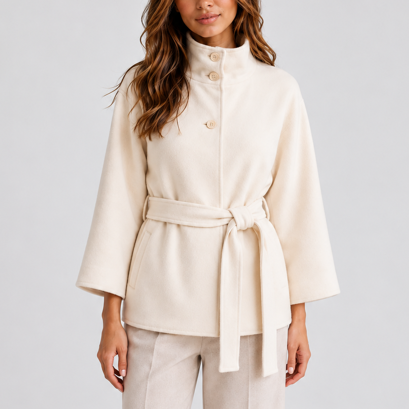 Belted Cape Jacket with Stand Collar