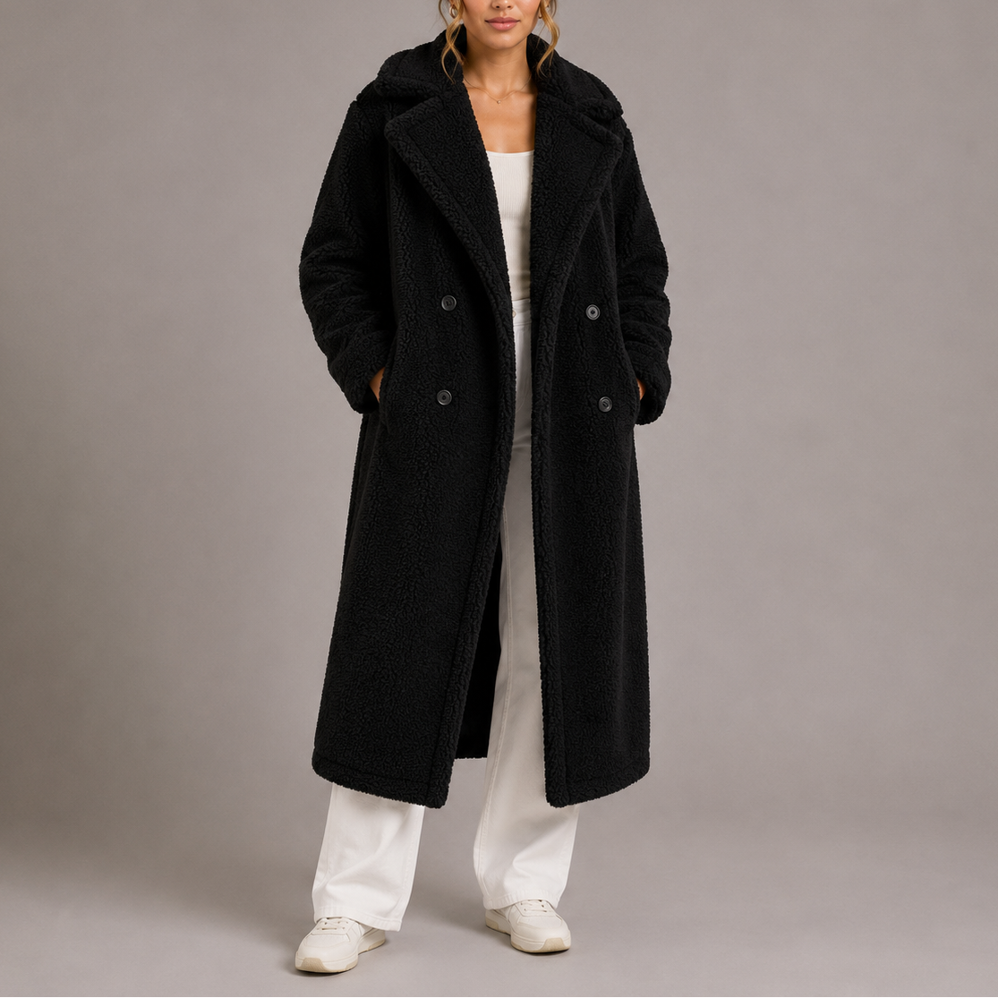 Long Double-Breasted Teddy Coat