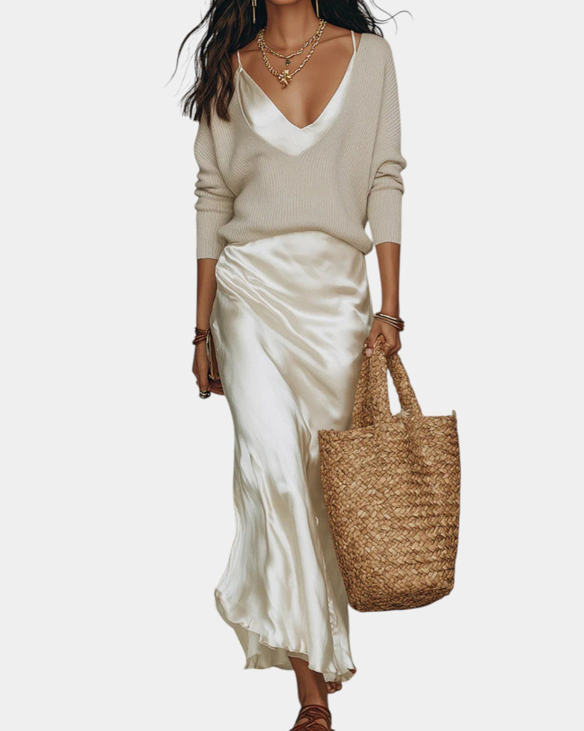 V-Neck Blouse & Satin Midi Skirt Set