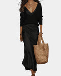 V-Neck Blouse & Satin Midi Skirt Set