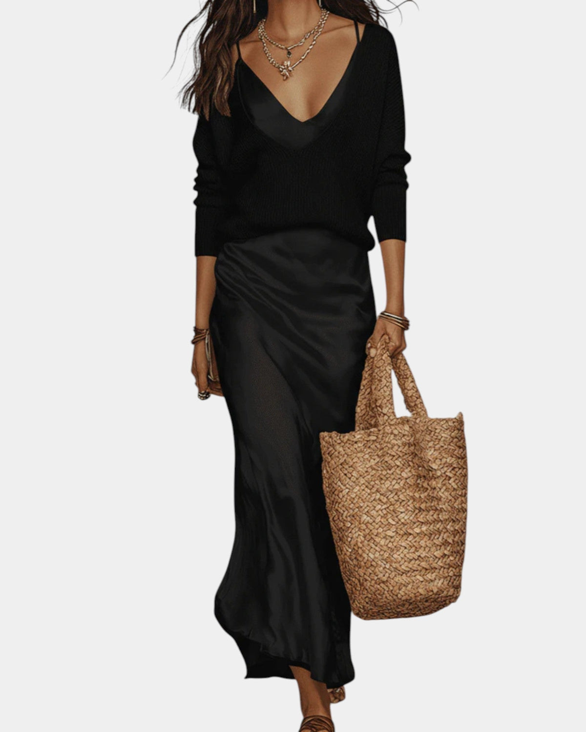 V-Neck Blouse & Satin Midi Skirt Set