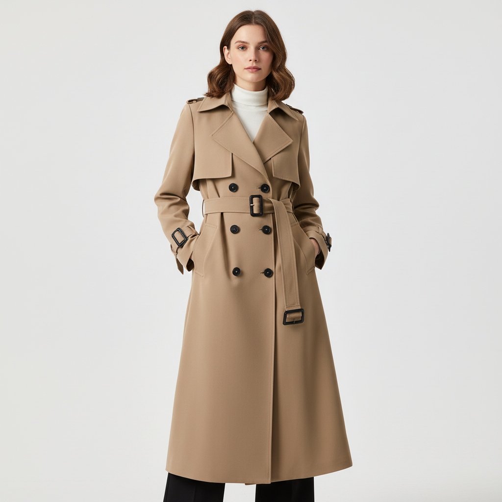 Belted Double-Breasted Long Trench Coat