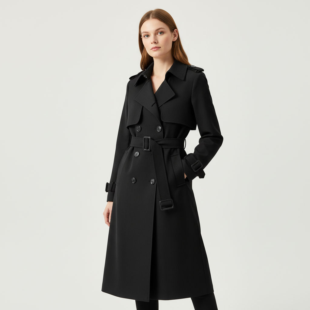Belted Double-Breasted Long Trench Coat