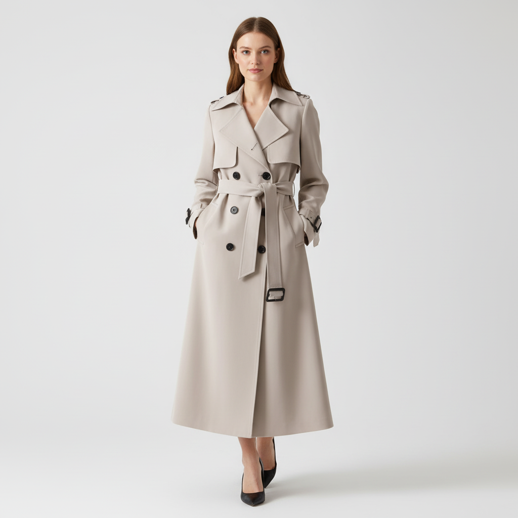 Belted Double-Breasted Long Trench Coat