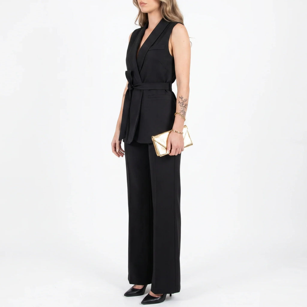 Belted Sleeveless Blazer & Wide-Leg Pants Set