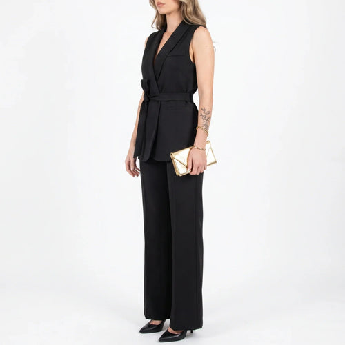 Belted Sleeveless Blazer & Wide-Leg Pants Set