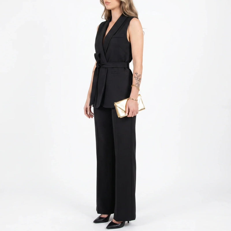 Belted Sleeveless Blazer & Wide-Leg Pants Set