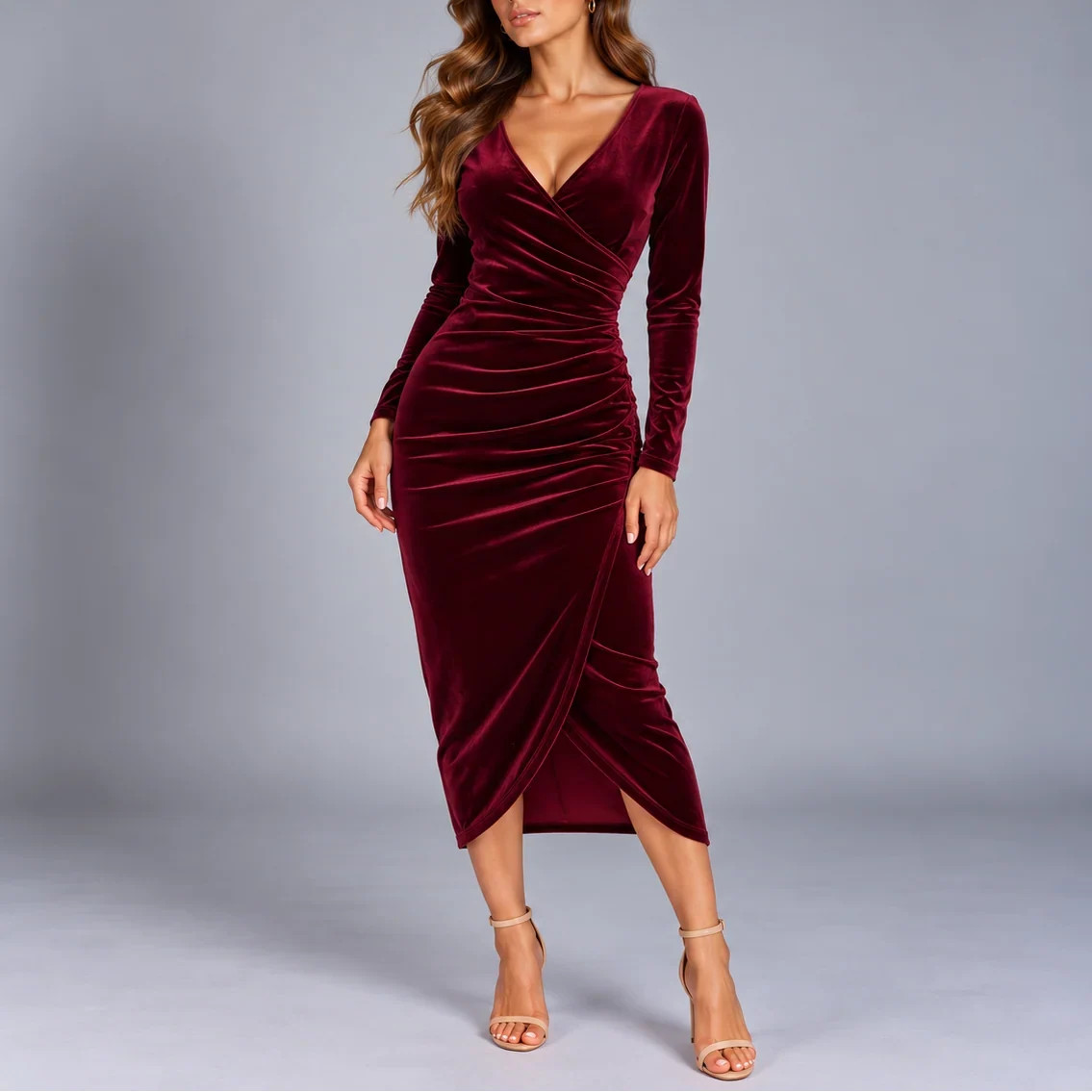 Velvet Wrap Midi Dress