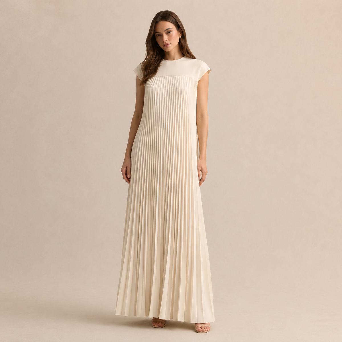 Pleated Column Cap Sleeve Maxi Dress