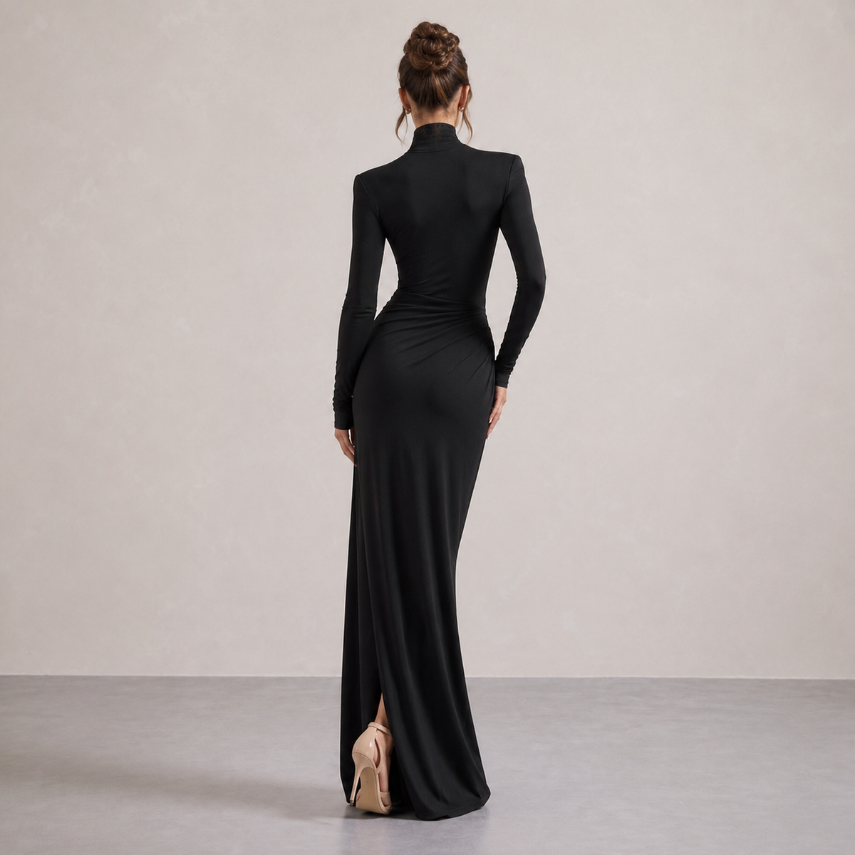 Mock Neck Ruched Jersey Maxi Dress