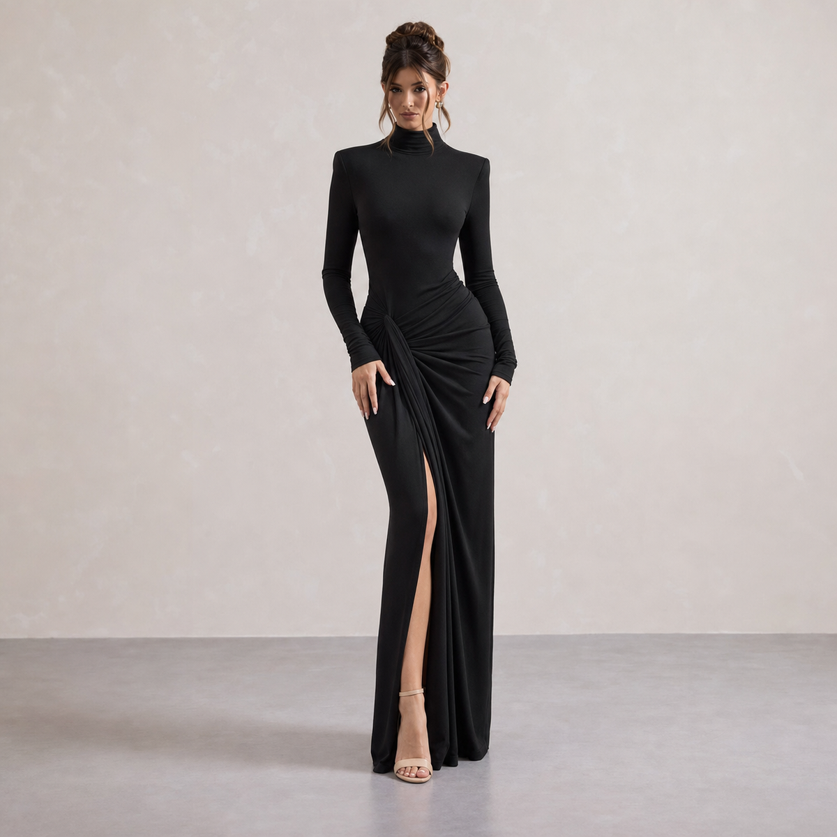 Mock Neck Ruched Jersey Maxi Dress
