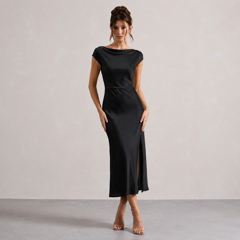 The Rossana Satin Cowl-Neck Midi Dress