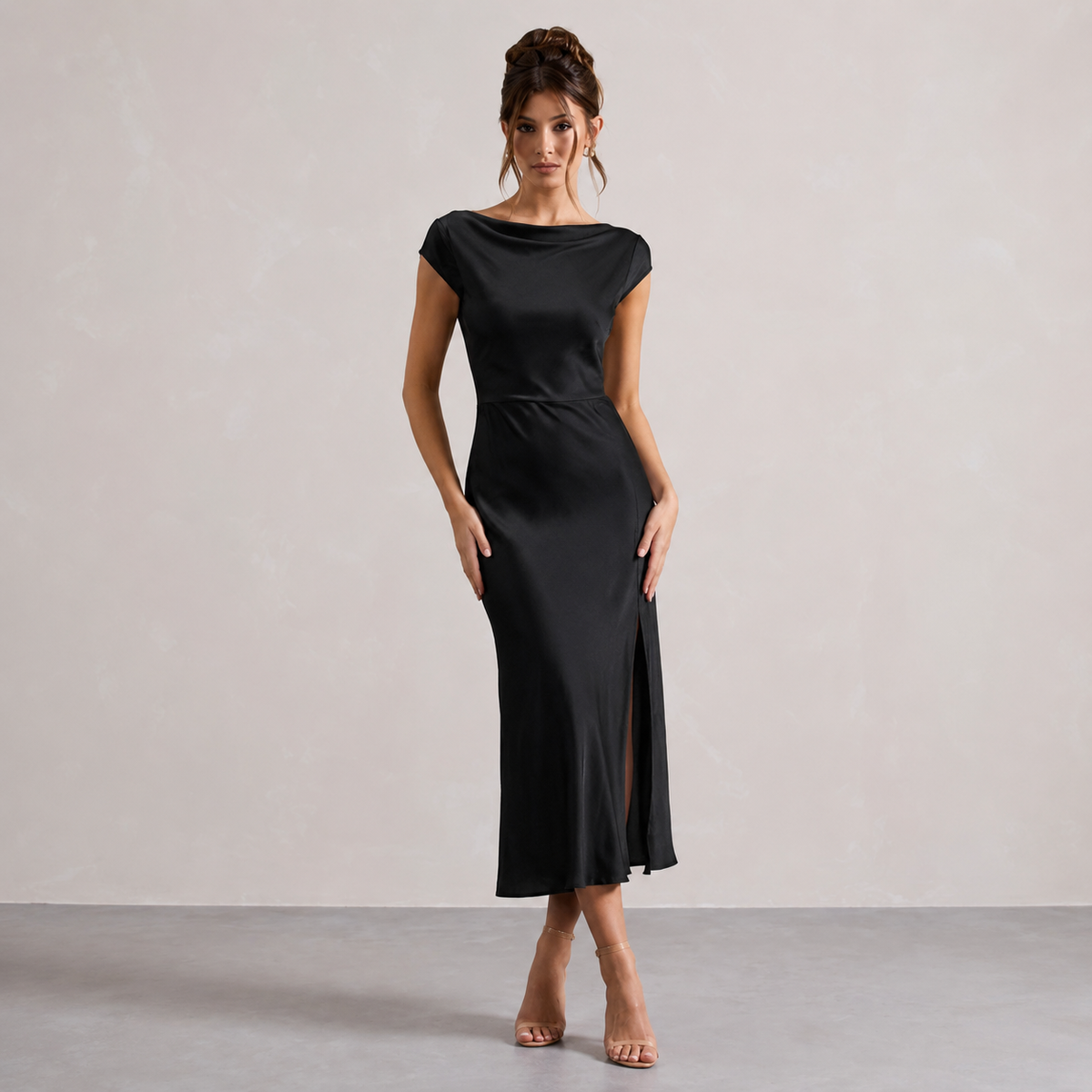 The Rossana Satin Cowl-Neck Midi Dress