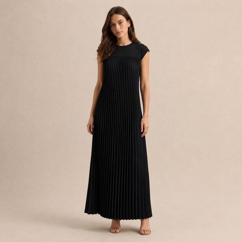 Pleated Column Cap Sleeve Maxi Dress